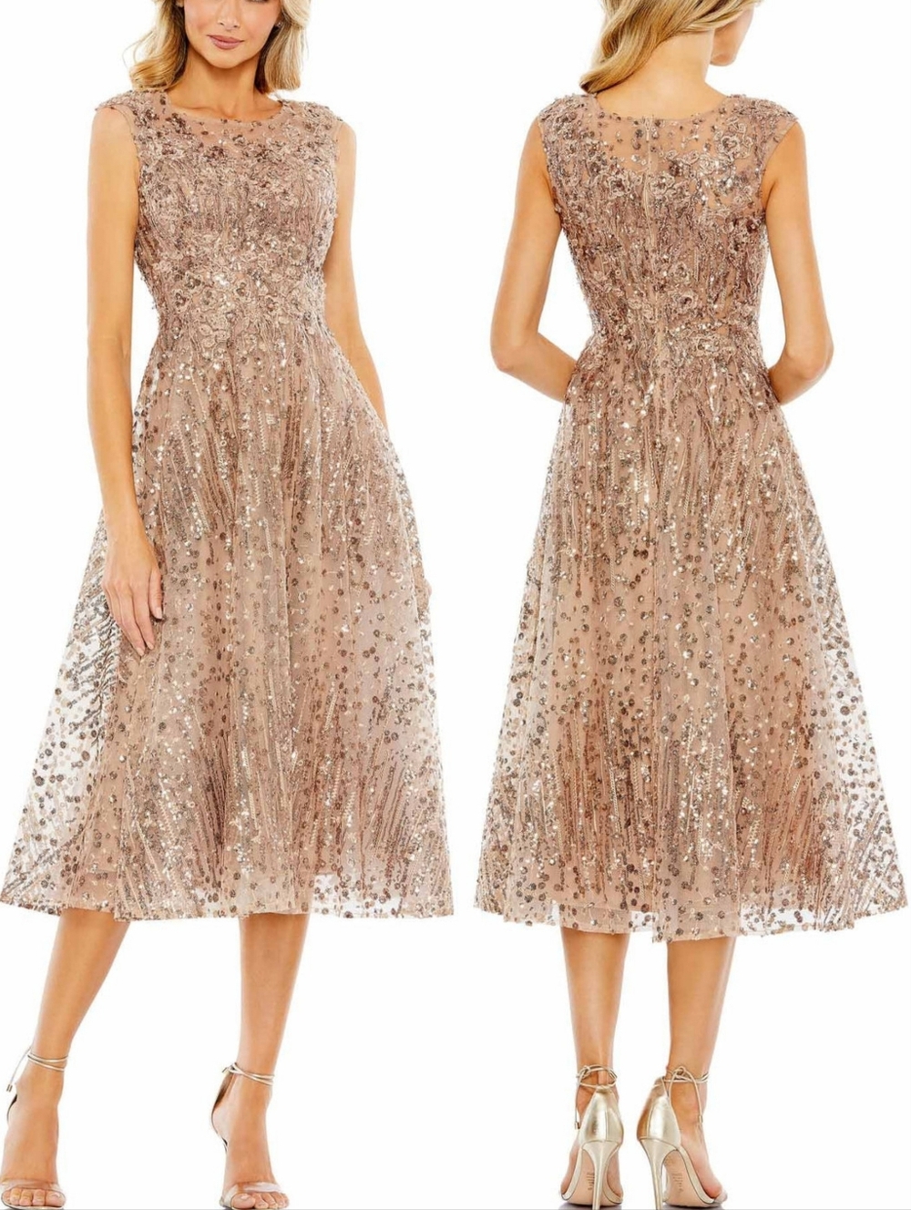Mac Duggal 20398 Bronze Gold Beaded Floral Sequin Short Sleeve Midi Dress 6 NWT